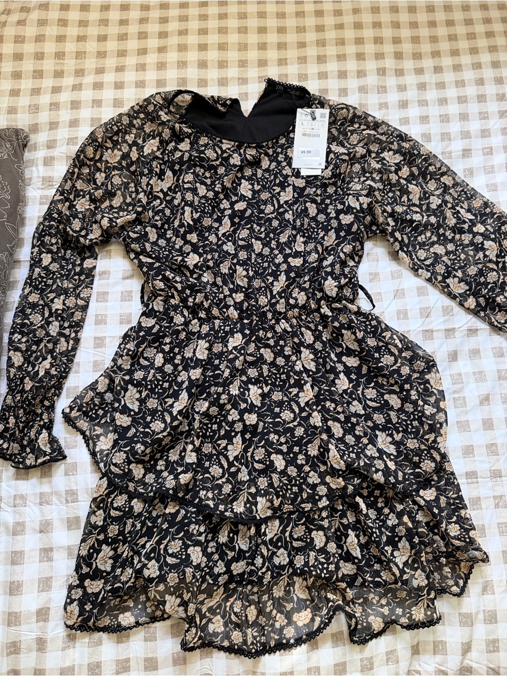 Zara Black Floral Tiered Long-Sleeve Dress - Cream Floral Print